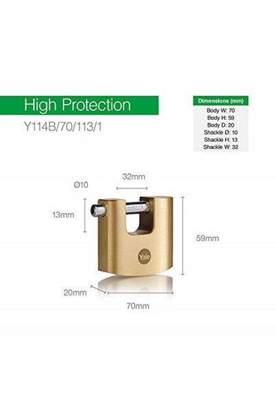 Yale Y114b/70/113/1 - 70mm Oval Sliding Pin Brass Padlock - High Protection - Hardened Pad