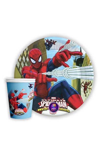 Parti Ustası Partioyunevi Spiderman Cardboard 8-Piece Plate and 8-Piece Glass Plate 8-Piece