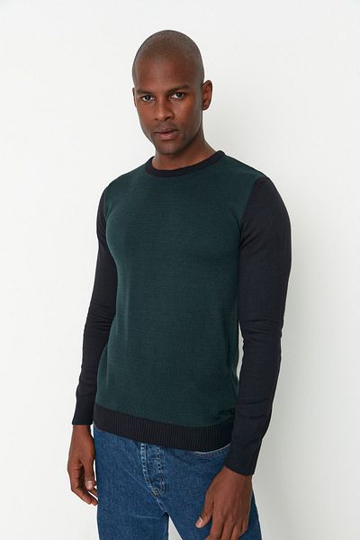 Trendyol Collection Dark Green Striped Slim Fit Knitwear Sweater - Crew Neck TMNAW22KZ0600