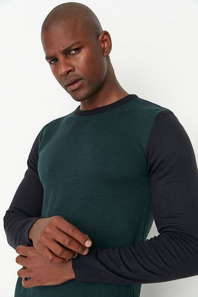 Trendyol Collection Dark Green Striped Slim Fit Knitwear Sweater - Crew Neck TMNAW22KZ0600