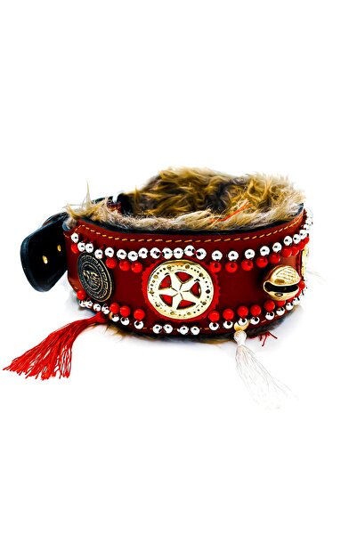 Tasma Market Kırmızı Zilli Püsküllü Yıldızlı Boncuklu Deri Köpek Tasması