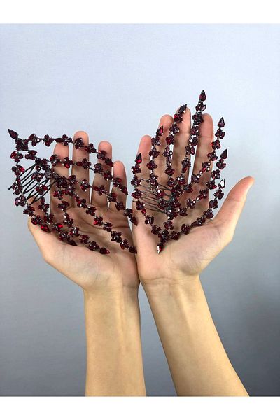Hobigram Accesoriu de păr cu model de frunze cu două fețe burgundy – coroană, piatră de cristal, model elegant, coroană de mireasă – coroană