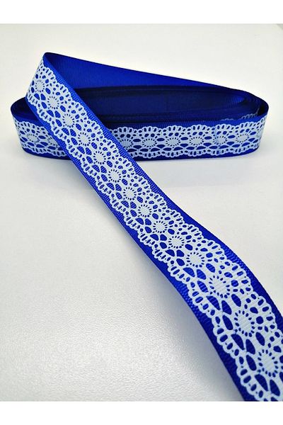 Hobigram Saks Blue Lace Printed Grosgrain Κορδέλα 2,5 cm 1 Meter – Κορδέλα, Κομψό Σχέδιο, Γυναικείο Αξεσουάρ – K