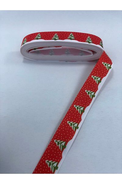 Hobigram Red Pine Tree Patterned New Year's Grosgrain Ribbon