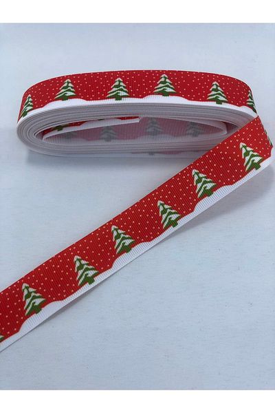 Hobigram Red Pine Tree Patterned New Year's Grosgrain Ribbon
