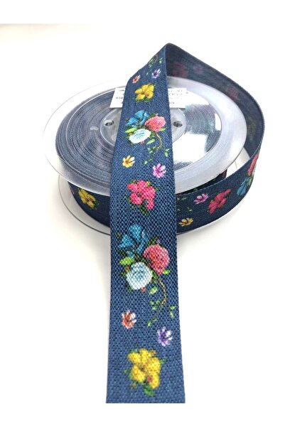 Hobigram Panglică de bumbac cu model de flori bleumarin 2,5 cm 1 Mt – Panglică, design elegant, accesoriu pentru femei – Panglică