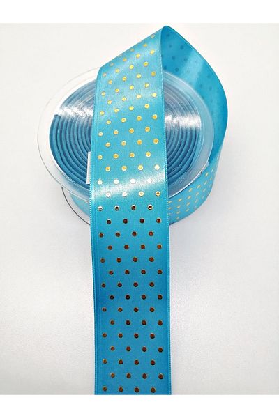 Hobigram Panglică din satin cu buline aurii albastre 4 cm 3 metri – panglică, design elegant, accesoriu pentru femei