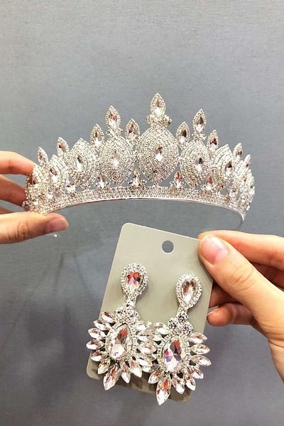 Hobigram Set coroană și cercei din argint – Coroană, piatră de cristal, model elegant, coroană de mireasă, accesoriu de păr – Coroană – Coroană