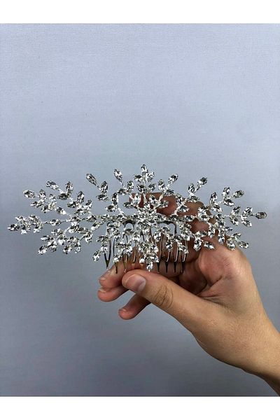 Hobigram Agrafă de păr cu model de ramuri de argint și piatră – Coroană, piatră de cristal, model elegant, coroană de mireasă – Coroană