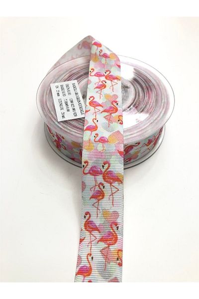 Hobigram Λευκή κορδέλα Grosgrain με σχέδιο Flamingo 2,5cm – Κορδέλα, Κομψό Σχέδιο, Γυναικείο Αξεσουάρ – Κορδέλα