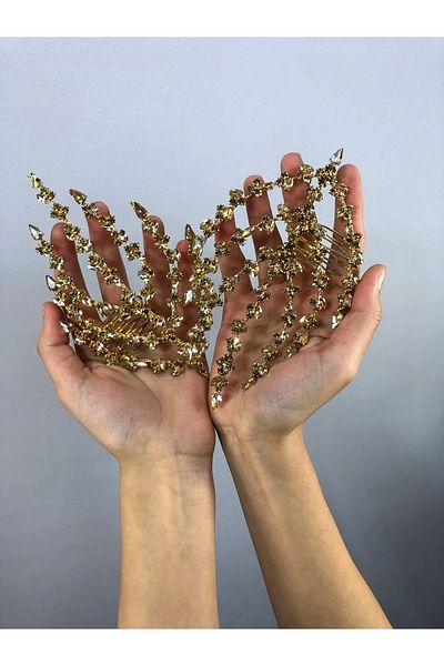 Hobigram Accesoriu de păr cu model de frunze dublu auriu – Coroană, piatră de cristal, model elegant, coroană de mireasă – coroană