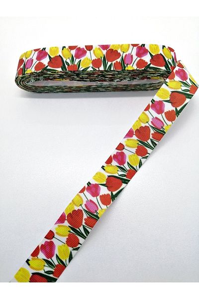 Hobigram Panglică Grosgrain cu Motiv Lalele Colorate 2,5 Cm 3 Metri – Panglică, Design Elegant, Accesoriu Femei – Panglică