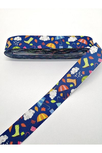 Hobigram Navy Blue Rain Pattern Grosgrain Κορδέλα 4 εκ. 3 μέτρα – Κορδέλα, Κομψό Σχέδιο, Γυναικείο Αξεσουάρ – Kurd