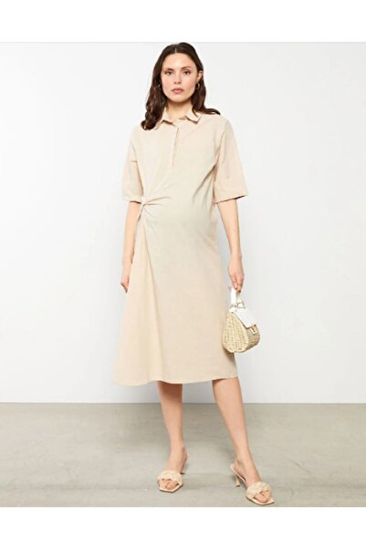 LC Waikiki Einfarbiges Umstandskleid aus Popeline mit Hemdkragen und kurzen Ä...