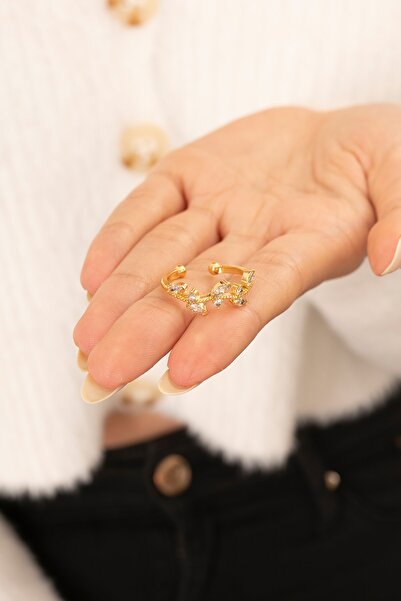 Eva Jewelry Taşlı Sarmaşık Ayarlanabilir 14 K Altın Kaplama Kadın Yüzük