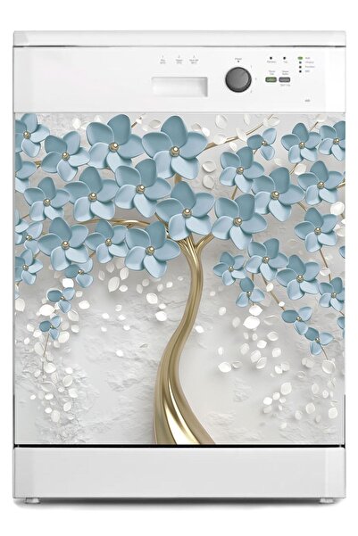 StickerArt Bulaşık Makinesi Sticker Kaplama Beyaz Eşya Kaplama 3d Mavi Yaprak