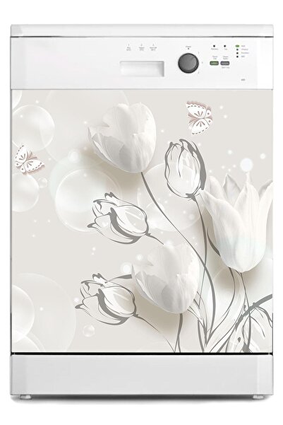 StickerArt Bulaşık Makinesi Sticker Kaplama Beyaz Eşya Kaplama Gri Çiçek