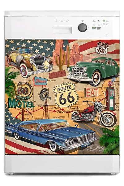 StickerArt Bulaşık Makinesi Sticker Kaplama Beyaz Eşya Kaplama Vintage Route