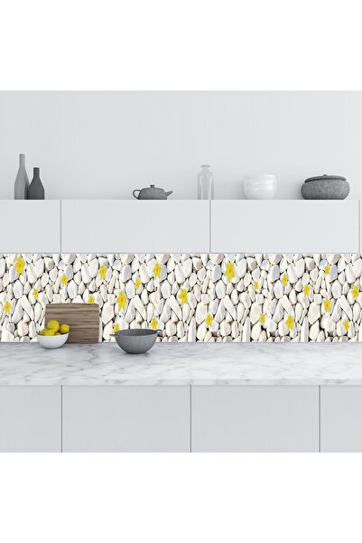 StickerArt Mutfak Tezgah Arası Folyo Fayans Kaplama Folyosu Beyaz Taşlar Sarı...