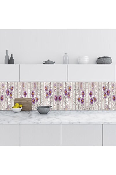 StickerArt Mutfak Tezgah Arası Folyo Fayans Kaplama Folyosu Mor Papatya 60x30...