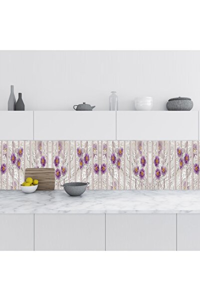 StickerArt Mutfak Tezgah Arası Folyo Fayans Kaplama Folyosu Mor Papatya 60x10...
