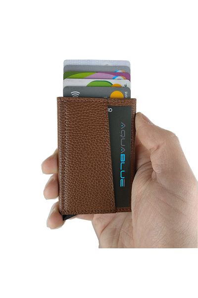 Aquablue Automatic Mechanism Aluminum Card Holder Rfid Protected Leather Card Holder Wallet