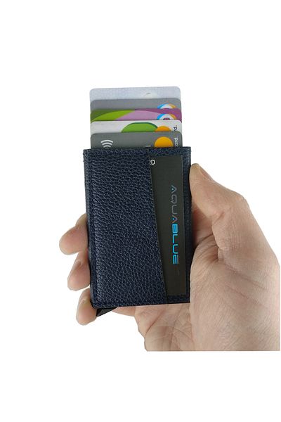 Aquablue Automatic Mechanism Aluminum Card Holder Rfid Protected Leather Card Holder Wallet