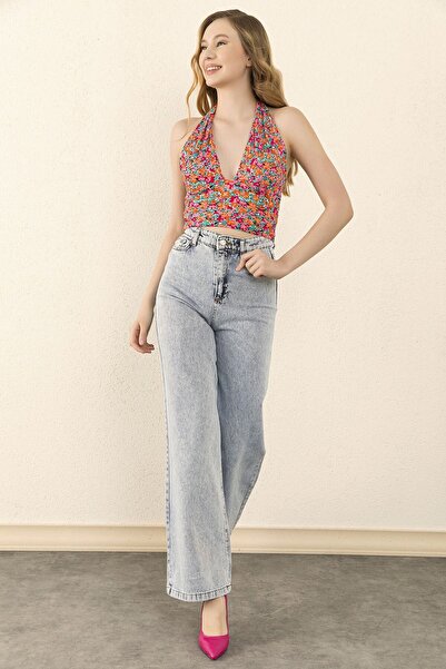 Trn JNS Elena 90's Light Snow Wash Blue Lycra Blugi largi cu talie super înaltă Pantaloni Palazzo