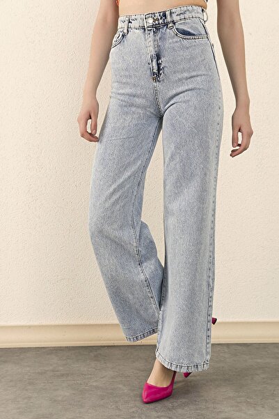 Trn JNS Elena 90's Light Snow Wash Blue Lycra Blugi largi cu talie super înaltă Pantaloni Palazzo