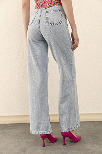 Trn JNS Elena 90's Light Snow Wash Blue Lycra Blugi largi cu talie super înaltă Pantaloni Palazzo