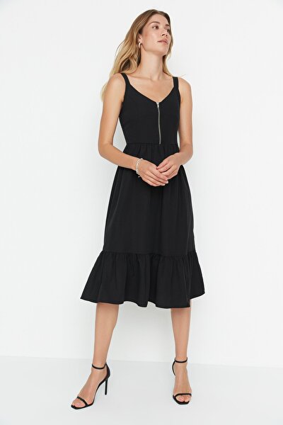 Trendyol Collection Rochie midi țesută cu detaliu cu fermoar cu deschidere în...