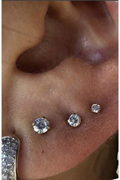 Arescollection Cerrahi Çelik Zirkon Taşlı 3 Boy 3 Adet Kulak Piercingi