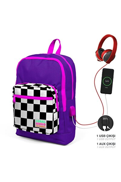 Coral High Kids Purple Checkerboard Patterned Four Compartment USB School Bac...