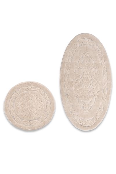 İva Home Collections طقم مرحاض قطني مكون من قطعتين بيضاوي من لوتس، طقم سجادة حمام كريمية