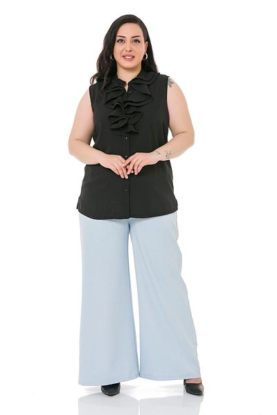 DISENTIS MODEST Plus Size Wide Leg Double Baby Blue Trousers with Elastic Waist, Sides and Back