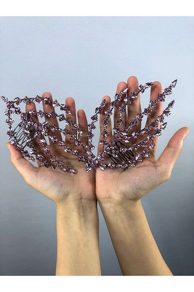 Hobigram Accesoriu de păr roz cu model de frunze pe două fețe – Coroană, piatră de cristal, model elegant, coroană de mireasă – Coroană