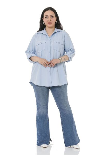 DISENTIS MODEST Büyük Beden Gömlek Yaka Göğüsten Çift Cepli Mavi Gömlek