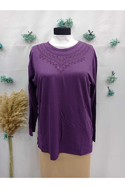 Sel Tekstil Women's Plus Size Crew Neck Mother Combed Cotton Blouse