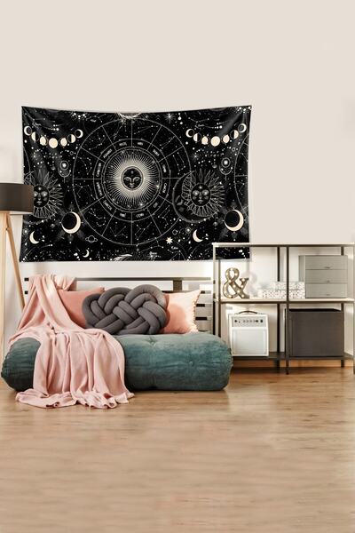 on the clouds Siyah Yıldız Haritası Desenli Leke Tutmaz Kadife Kumaş Duvar Örtüsü Duvar Halısı Tapestry