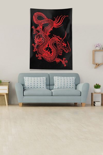 on the clouds Black Red Dragon Stain Resistant Velvet Fabric Wall Cover Wall Carpet Tapestry