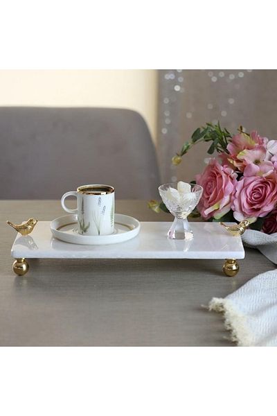 Akayev Marble White 30x15 cm Gold Foot Bird Presentation Plate