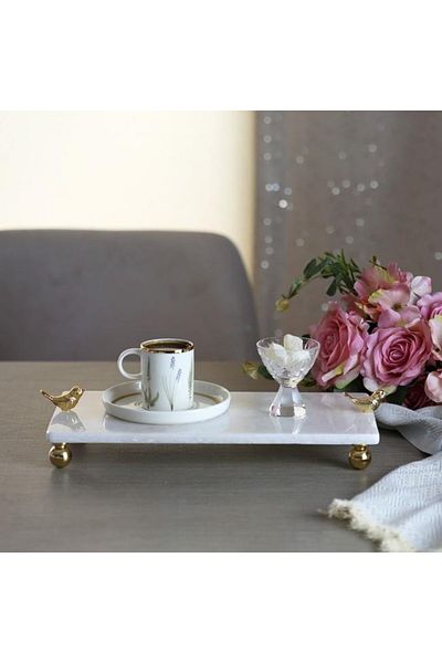 Akayev Marble White 30x15 cm Gold Foot Bird Presentation Plate