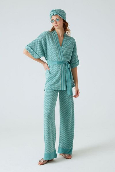 JOIN US Houndstooth Patterned Green Knitwear Trousers with Elastic Waist