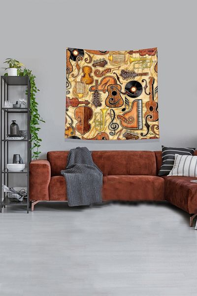 Pelangi Orange Velvet Tapestry - Musical Instruments Patterned, Stain-Proof Wall Tapestry