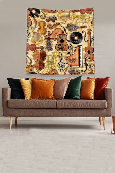 Pelangi Orange Velvet Tapestry - Musical Instruments Patterned, Stain-Proof Wall Tapestry