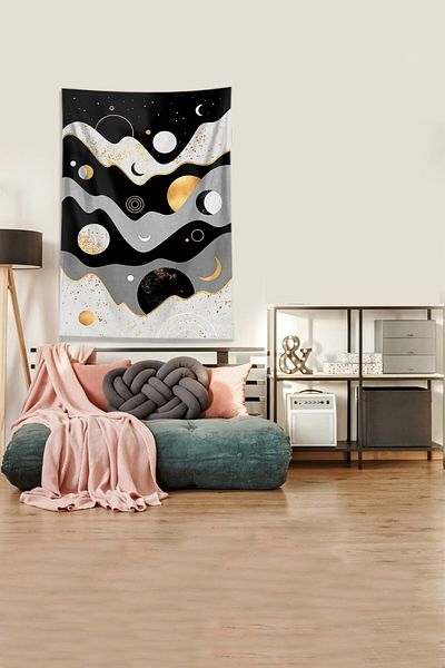 on the clouds Gri-negru Moon And Crescent Stain Resistant Velvet Fabric Tapet Tapiserie Tapiserie