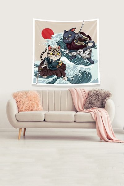 on the clouds Μπεζ Samurai Cats Stain Resistant Velvet υφασμάτινο ύφασμα τοίχου Ταπετσαρία τοίχου