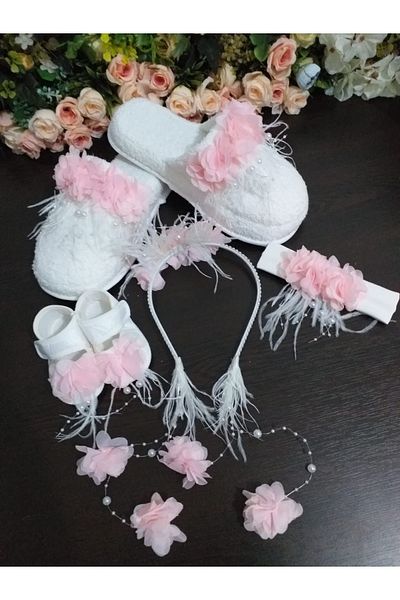 Lohussa Powder Pearl Stoned Floral Maternity Crown, Slippers, Bandana, Baby Booties Set