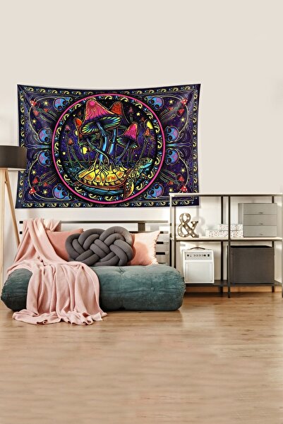 Fortuna Multicolored Mushroom Mushroom Patterned Stain Resistant Velvet Fabric Wall Cloth Wall Carpet Tapestry