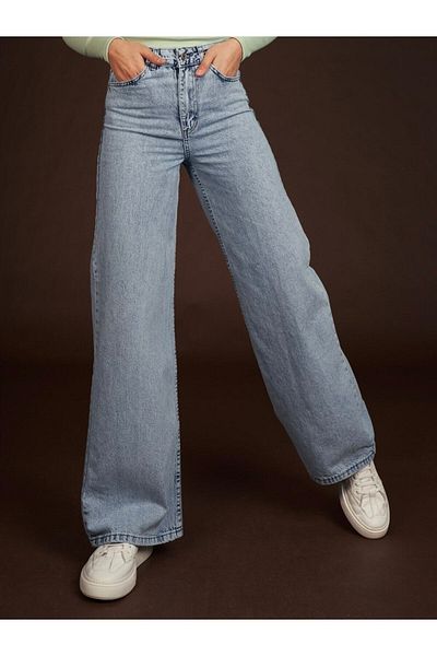 Trn JNS Moda anilor 90 Light Snow Wash Blue Lycra Blugi largi cu talie super înaltă Pantaloni Palazzo